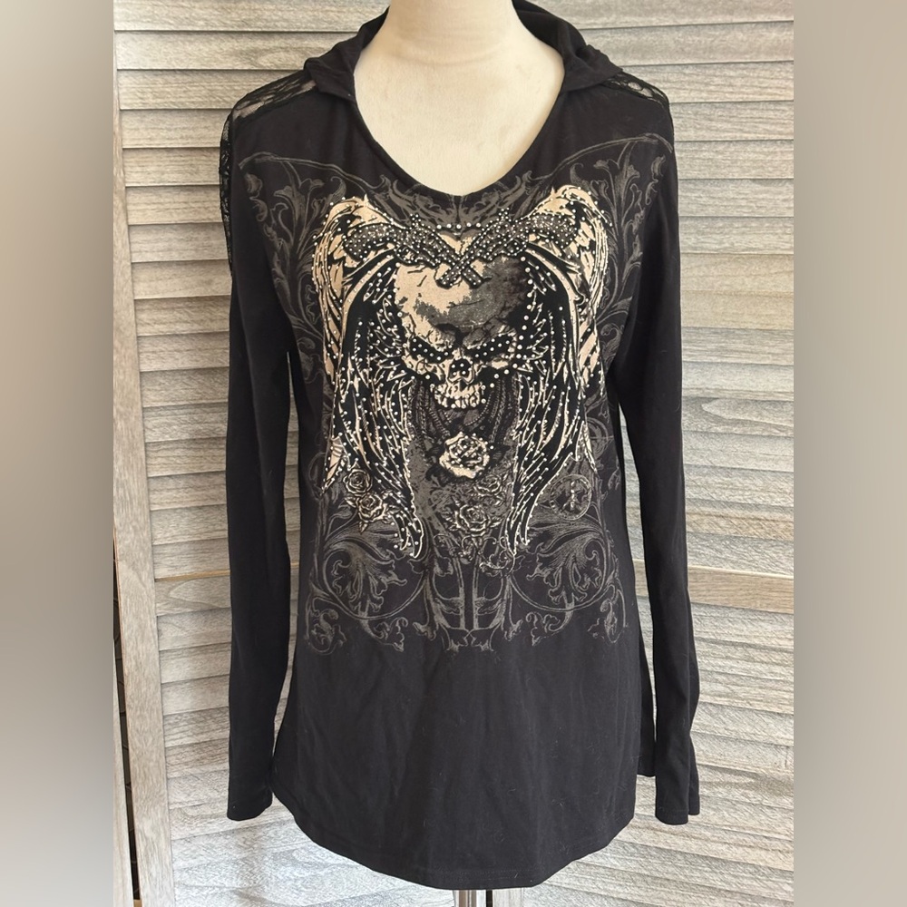 LOS ANGELES BUS STOPWomen’s SZ LG LongSleeve Studded Hooded Top Wings&Skulls Y2K